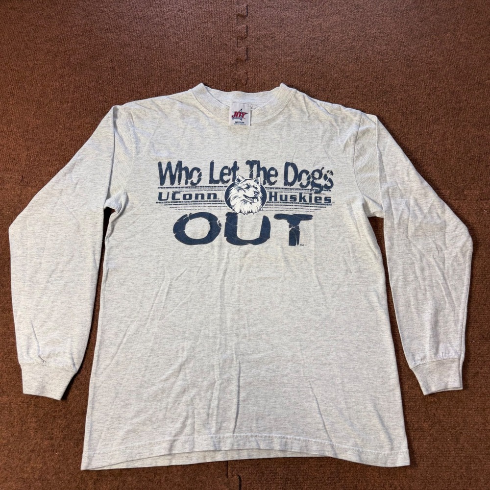 Vintage UConn Huskies Who Let The Dogs Out Shirt Joy Athletic Gray Mens Medium